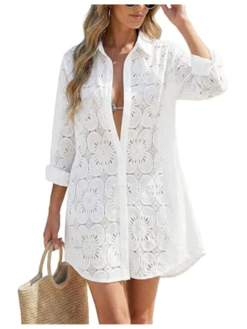 CiCiBird White Eyelet Swim Cover Up Button Down Long Sleeve Beach Shirt Dress